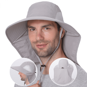 Outdoor Fisherman Hat for Men Women Summer Quick Drying Neck Protection Visor Cap Anti UV Breathable Fishing Safari Hat (Color: Light Gray)